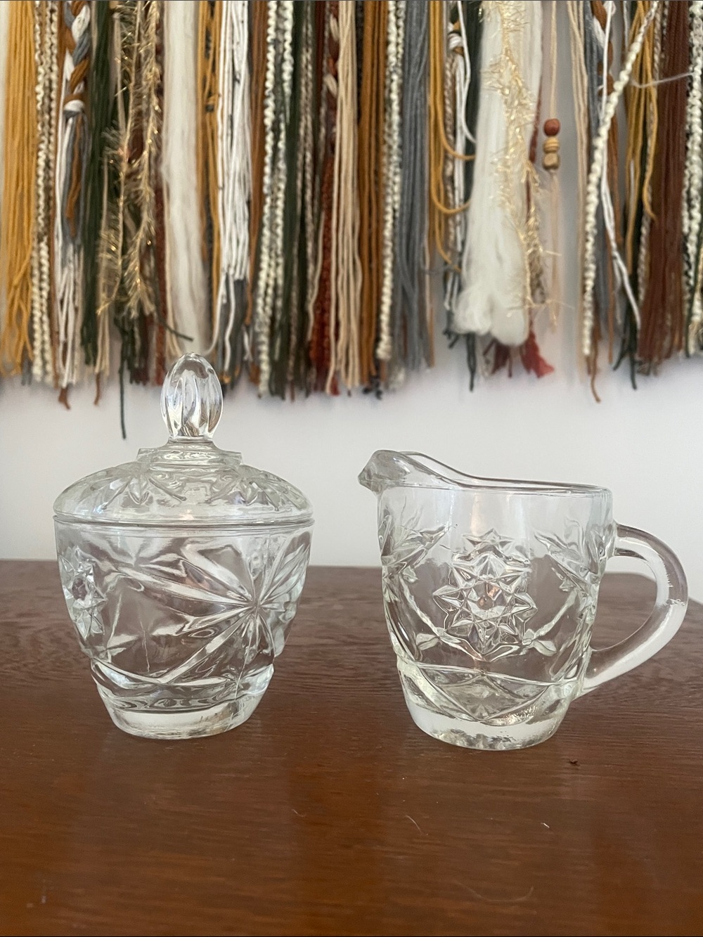 Clear Pressed Glass Creamer and Covered Sugar Set vintage anchor hocking